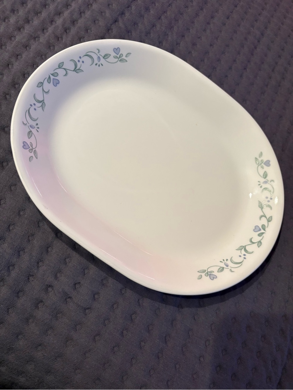 Corelle White Oval Plate with Green Leaves and Lavender Hearts